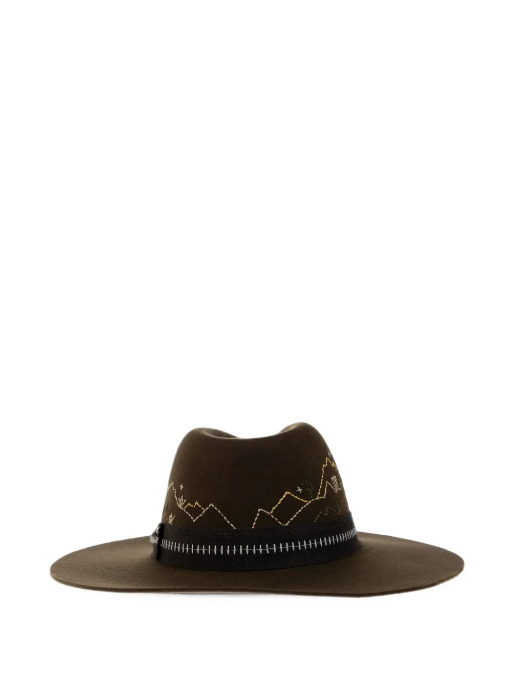 Golden Goose Olijfgroene fedora hoed met bruin lint en geborduurd desert-thema