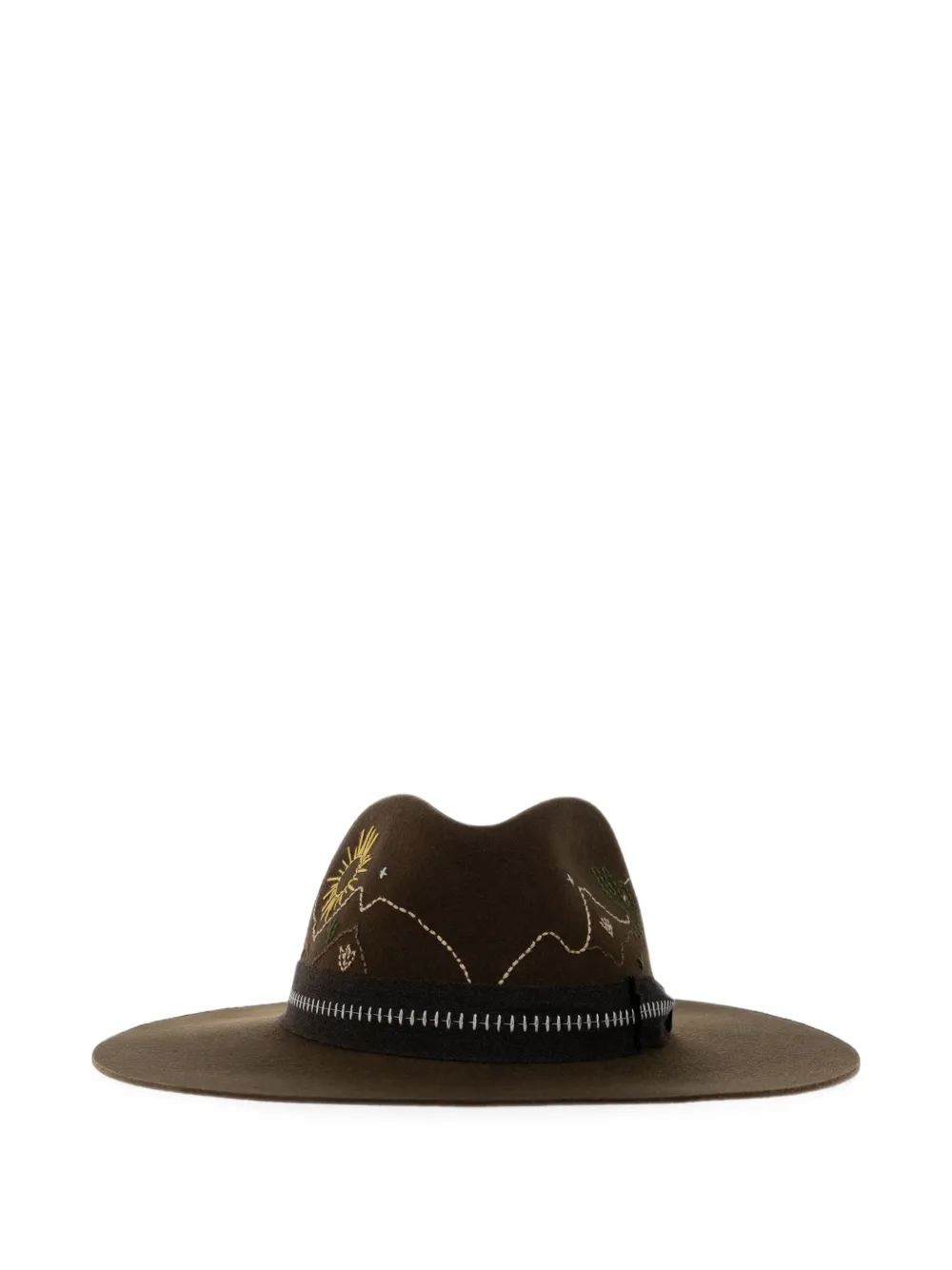 Golden Goose fédora vert olive avec ruban marron et broderie sur le thème du désert Golden Goose fédora vert olive avec ruban marron et broderie sur le thème du désert