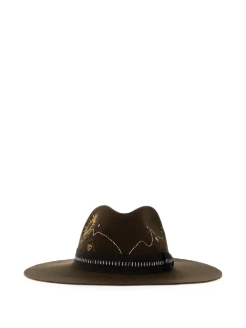Golden Goose olive-green fedora hat with brown ribbon and desert-themed embroidery