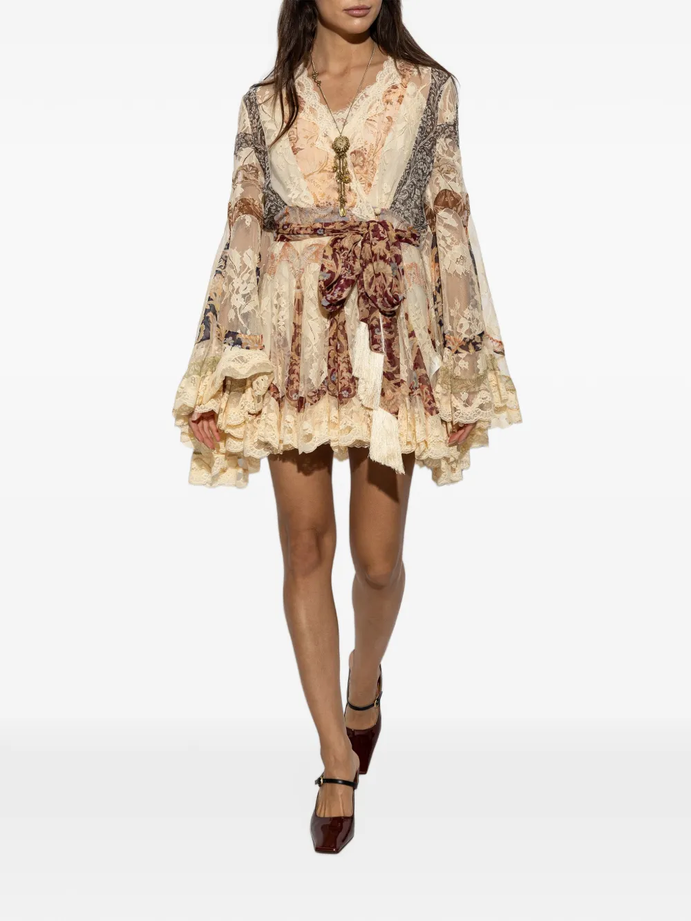 ZIMMERMANN Mini-jurk met ceintuur en kant Beige