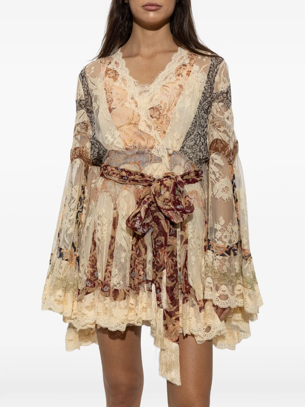 ZIMMERMANN Mini-jurk met ceintuur en kant Beige