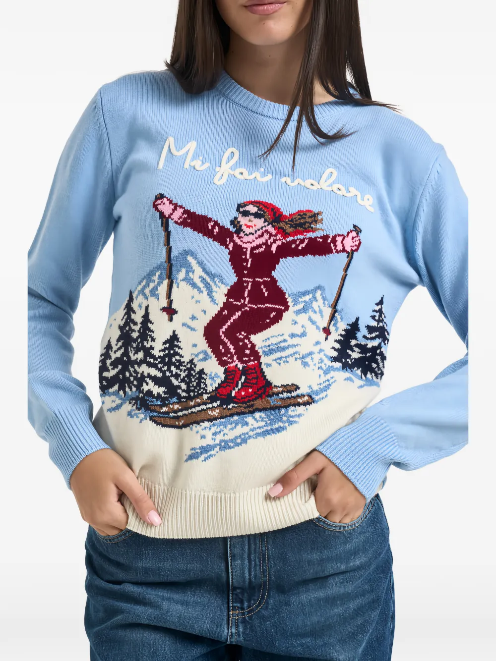 MC2 Saint Barth light-blue New Queen crewneck knit with Mi Fai Volare embroidery sweater Blauw