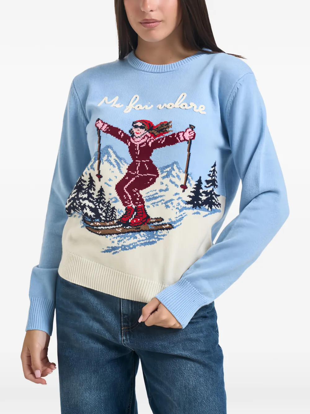 MC2 Saint Barth light-blue New Queen crewneck knit with Mi Fai Volare embroidery sweater Blauw