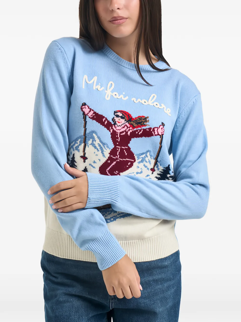 MC2 Saint Barth light-blue New Queen crewneck knit with Mi Fai Volare embroidery sweater Blauw