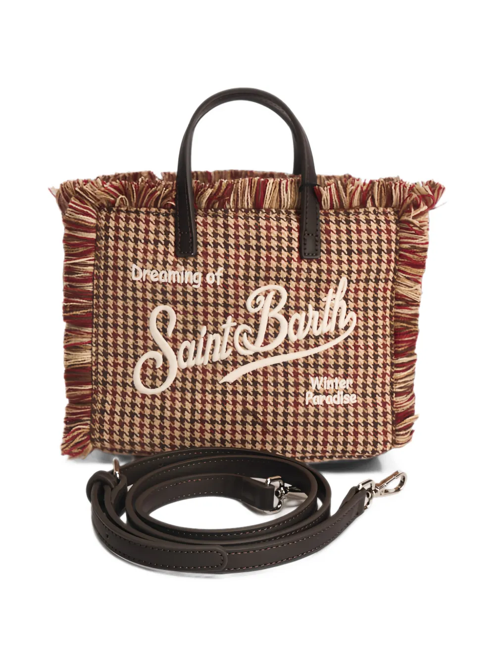 MC2 Saint Barth Vanity Mini houndstooth-pattern fringed-trim tote bag Bruin