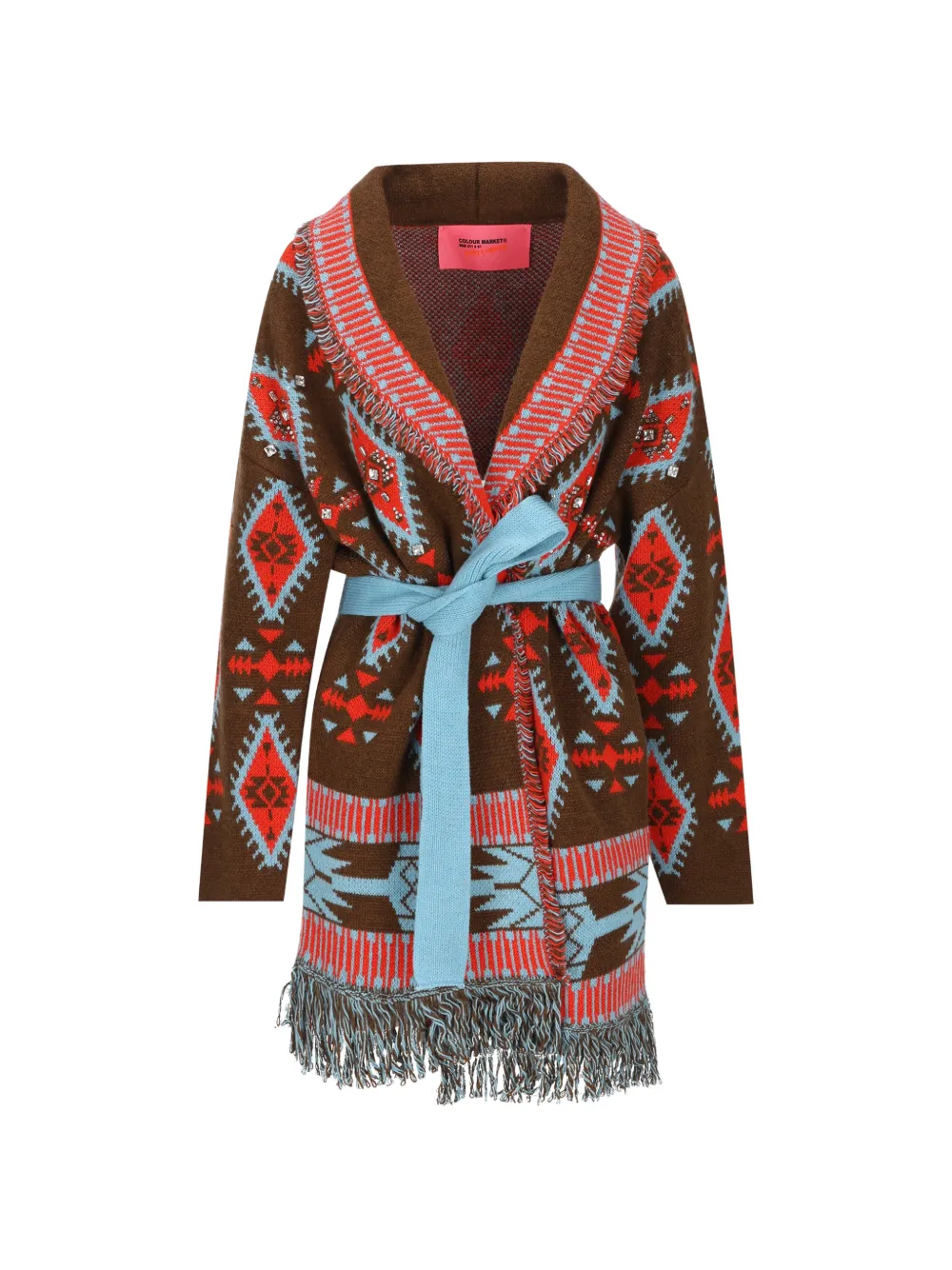 COLOUR MARKET geometric-pattern fringed coat - Marrone