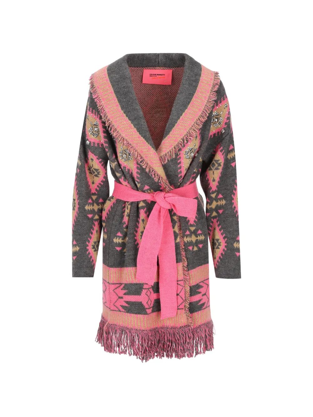 COLOUR MARKET fringe-trim belted coat - Grigio