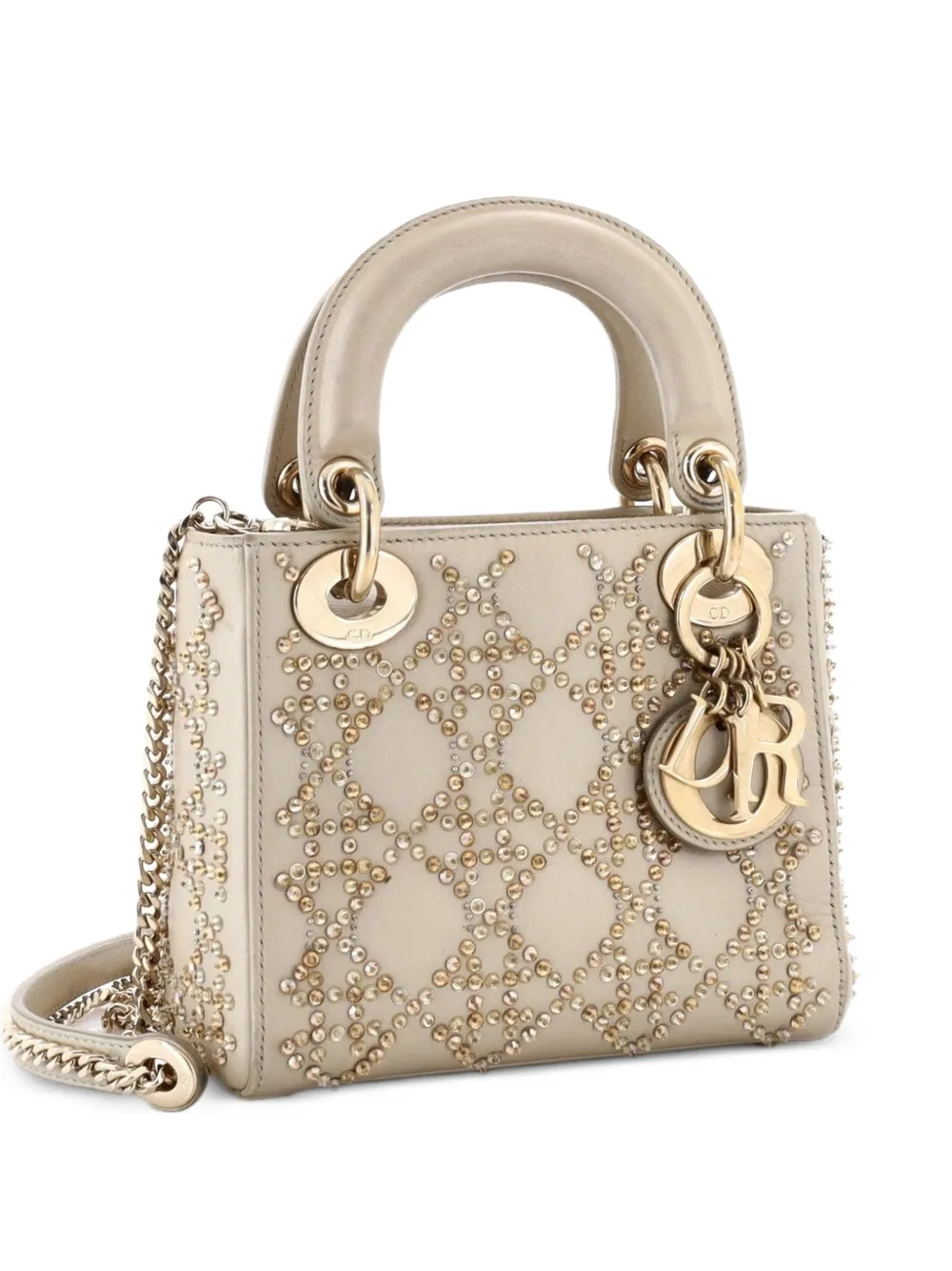 Christian Dior Pre-Owned Lady Dior Chain Bag Crystal Embellished Cannage Quilt Leather Mini satchel - Nude