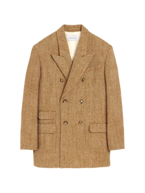 AMI Paris brown double breasted herringbone wool blazer