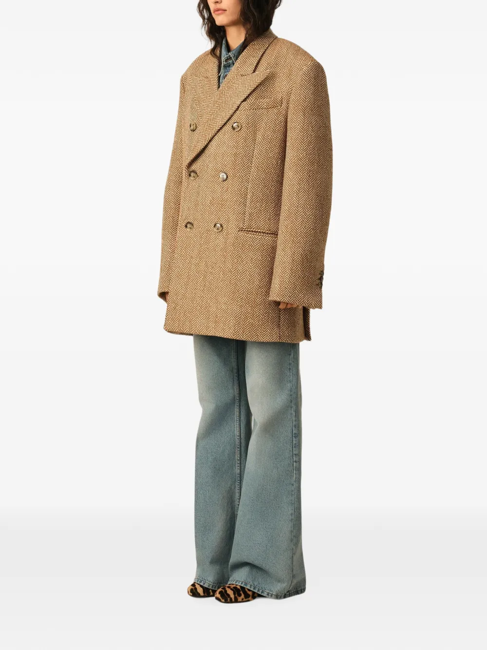 AMI Paris brown double breasted herringbone wool blazer Bruin