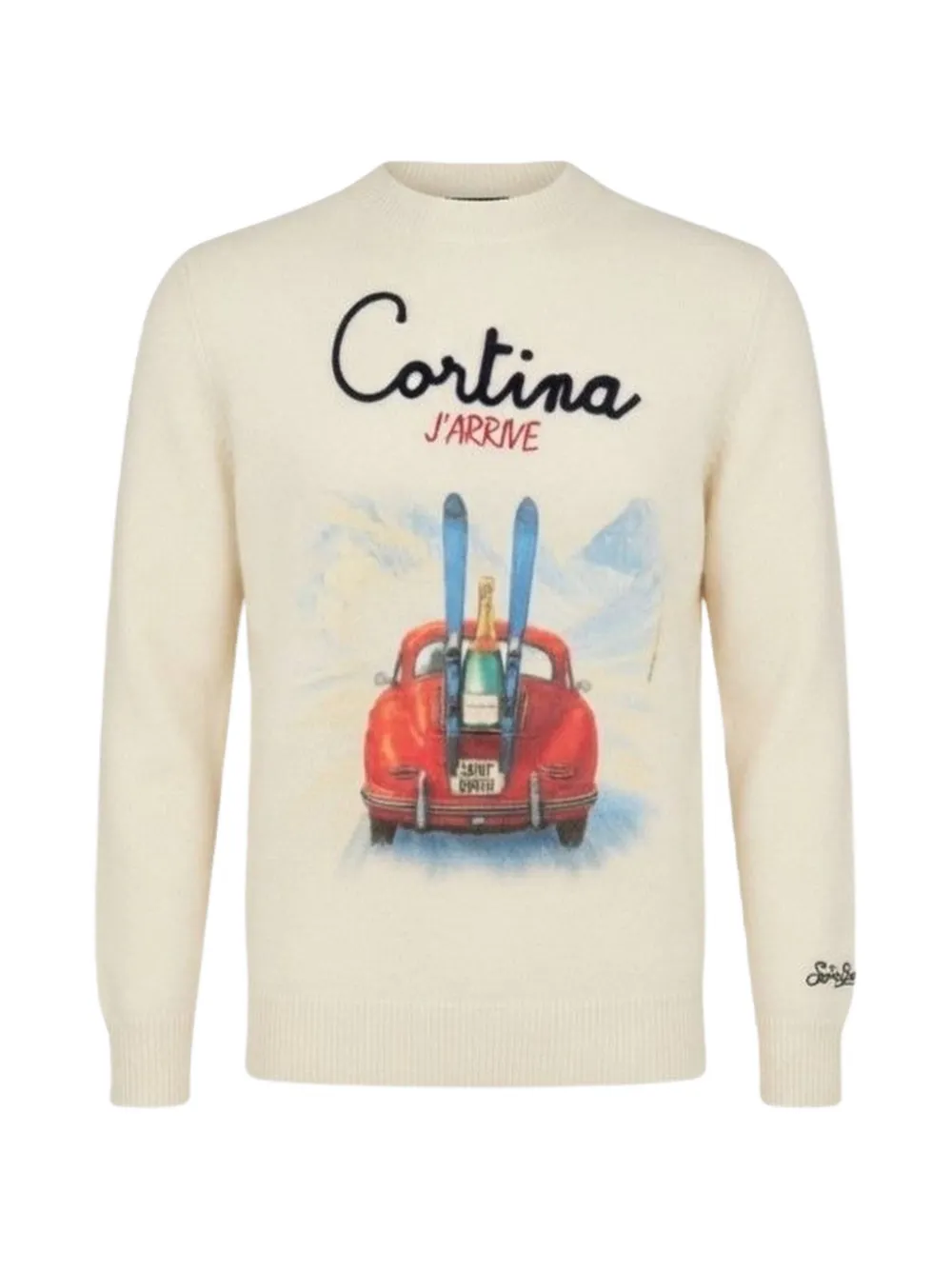 MC2 Saint Barth Heron wool and cashmere blend crewneck with Cortina J'arrive intarsia and embroidery sweater Beige