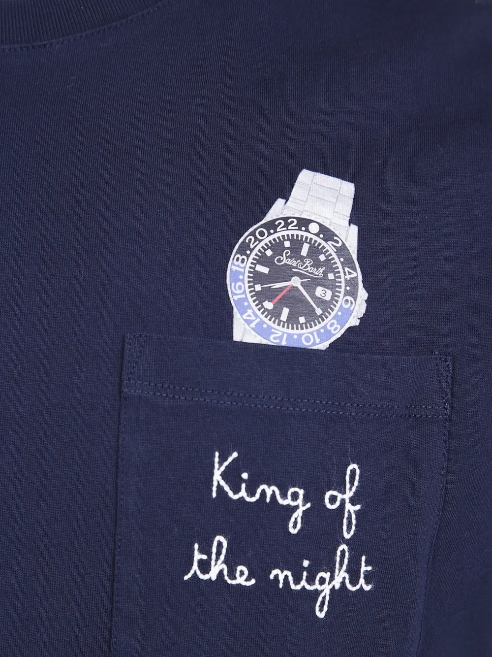 MC2 Saint Barth Marineblauw Connor biologisch katoenen T-shirt met horloge-print en King Of The Night-borduurwerk