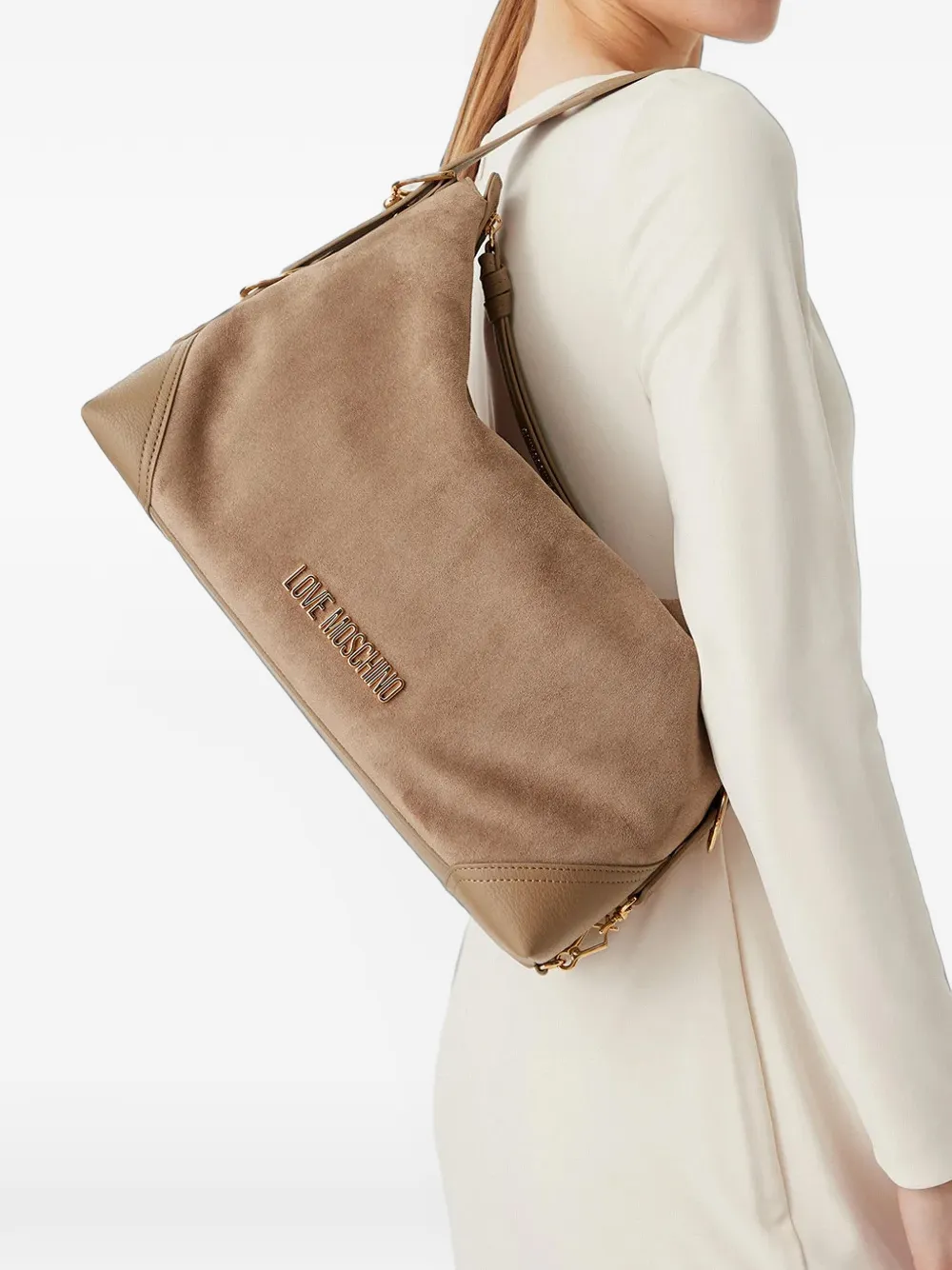 Love Moschino Shopper met logo plakkaat en suède-effect Beige