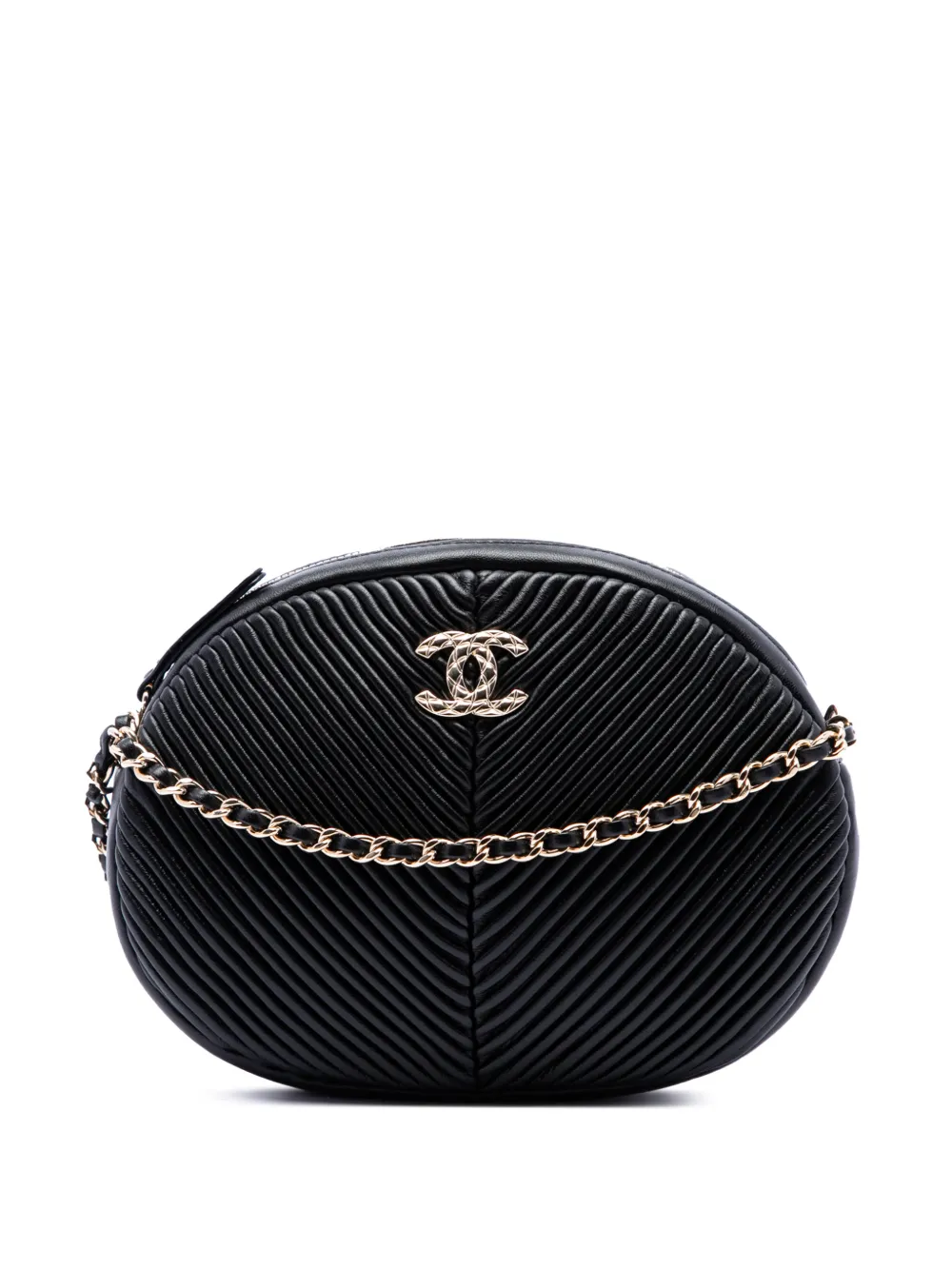CHANEL Pre-Owned 2019 Chevron Lambskin Pleated Oval Camera Bag crossbody bag - Nero