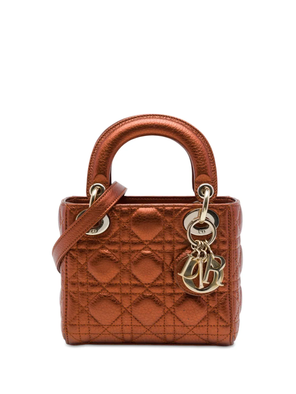 Christian Dior Pre-Owned 2017 Mini Metallic Calfskin Cannage Lady Dior satchel - Braun