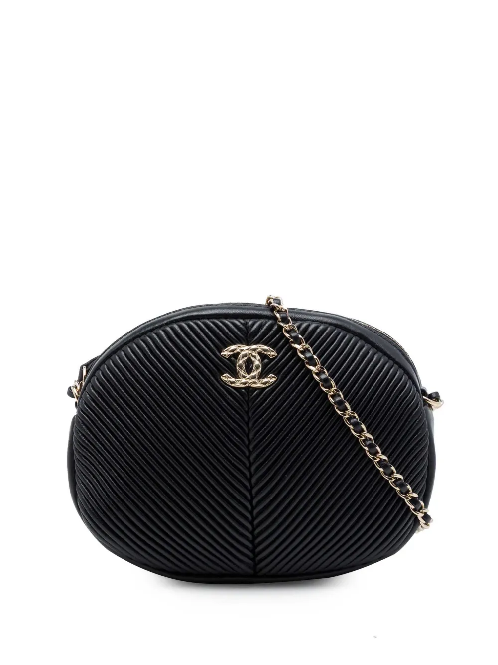 CHANEL Pre-Owned 2019 Chevron Lambskin Pleated Oval Camera Bag crossbody bag - Nero