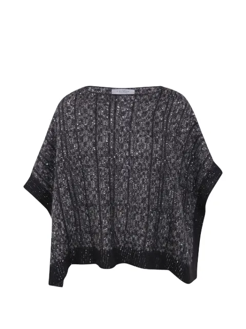 D.Exterior sequin-embellished ribbed-knit poncho sweater