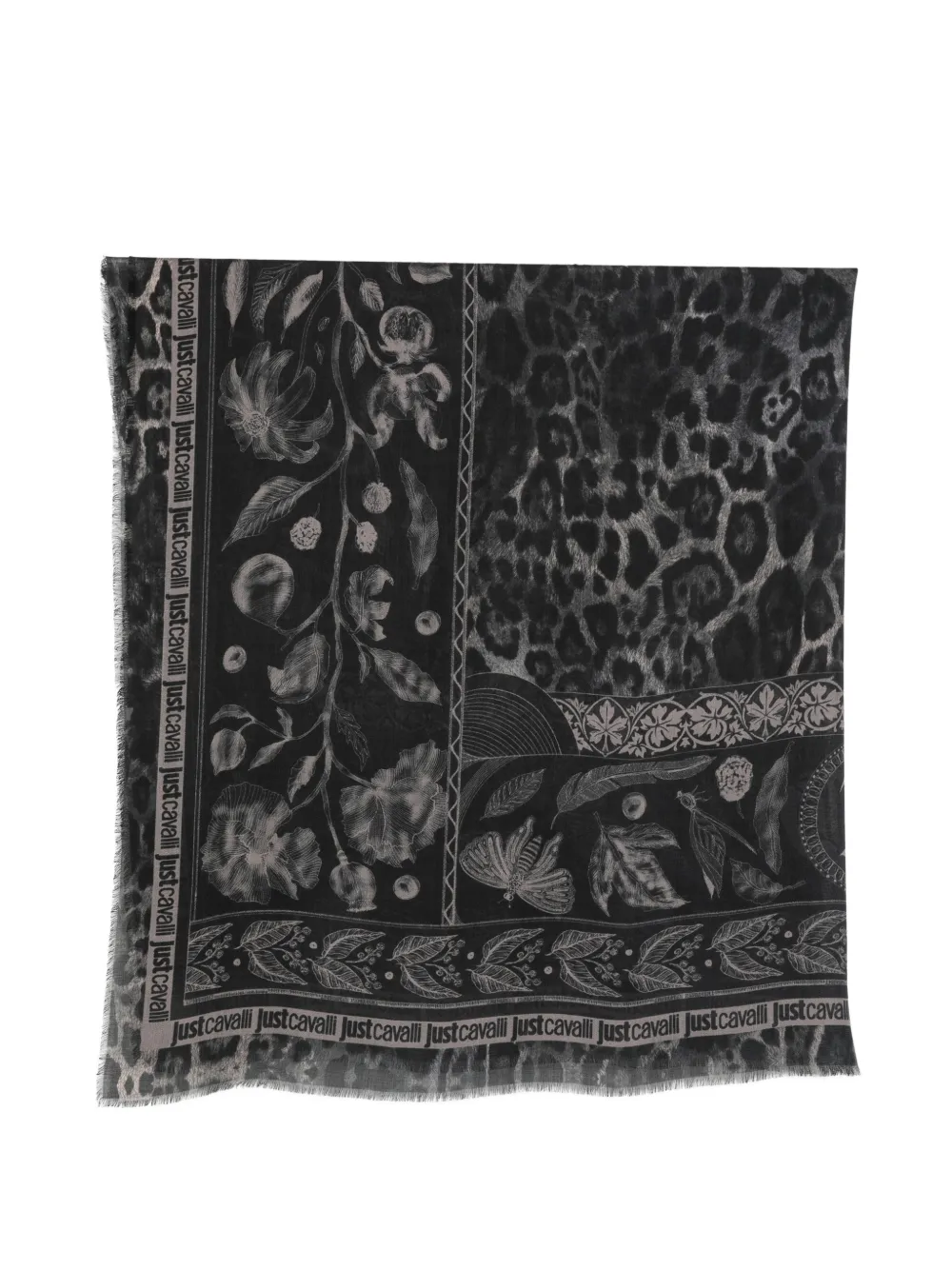 Just Cavalli leopard-print floral-motif scarf Zwart