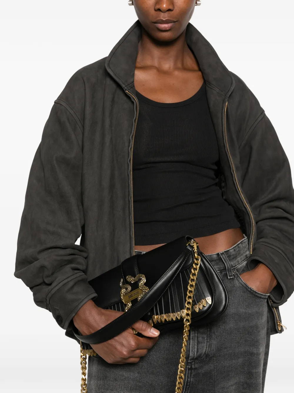 Just Cavalli snake-plaque pleated cross body bag Zwart
