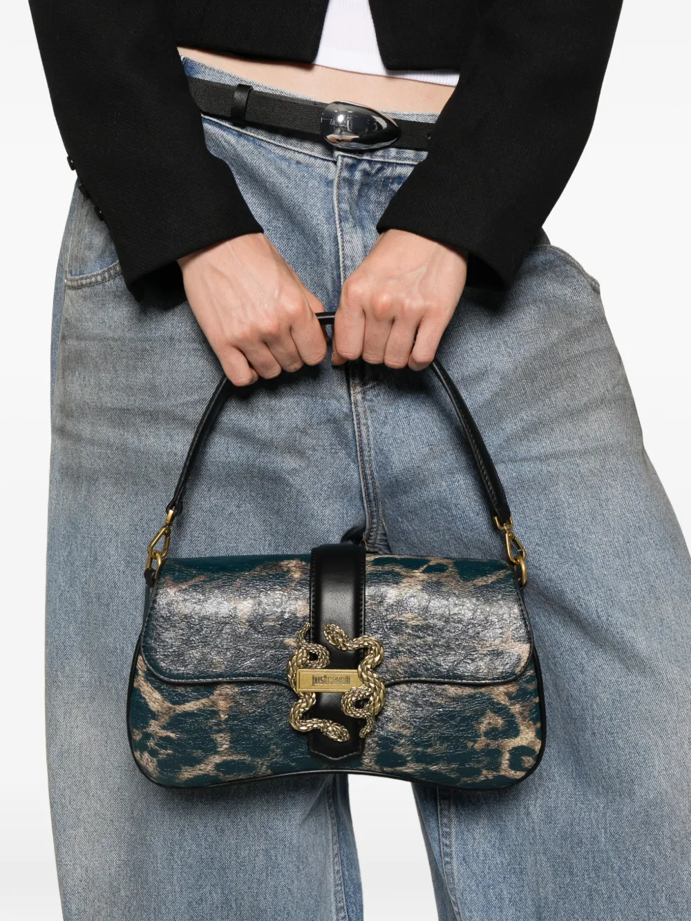 Just Cavalli Athena snake-plaque leopard-print shoulder bag Groen