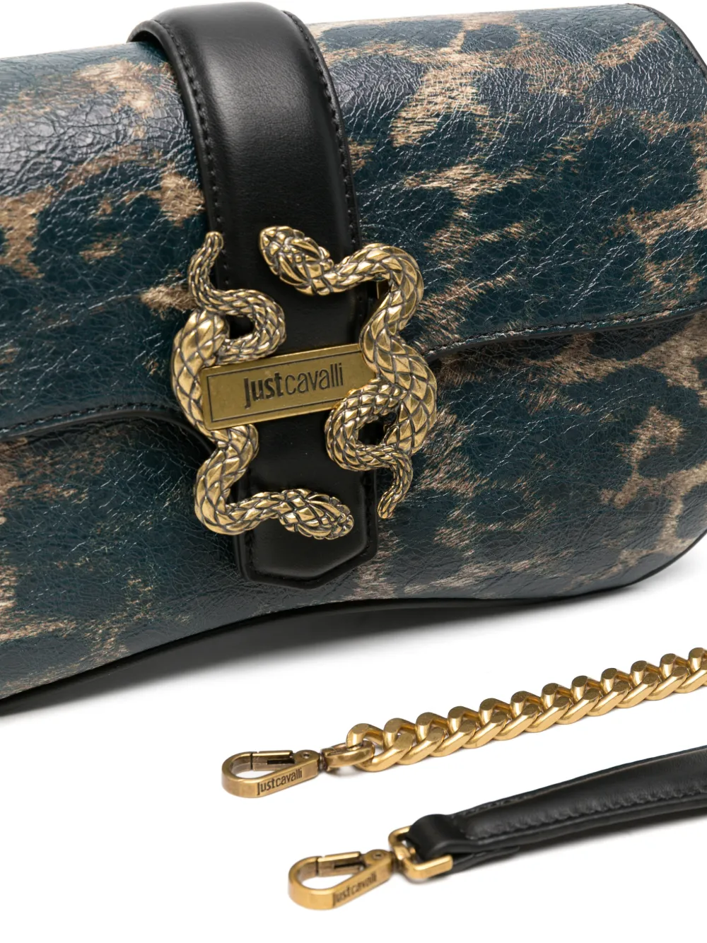 Just Cavalli Athena snake-plaque leopard-print shoulder bag Groen