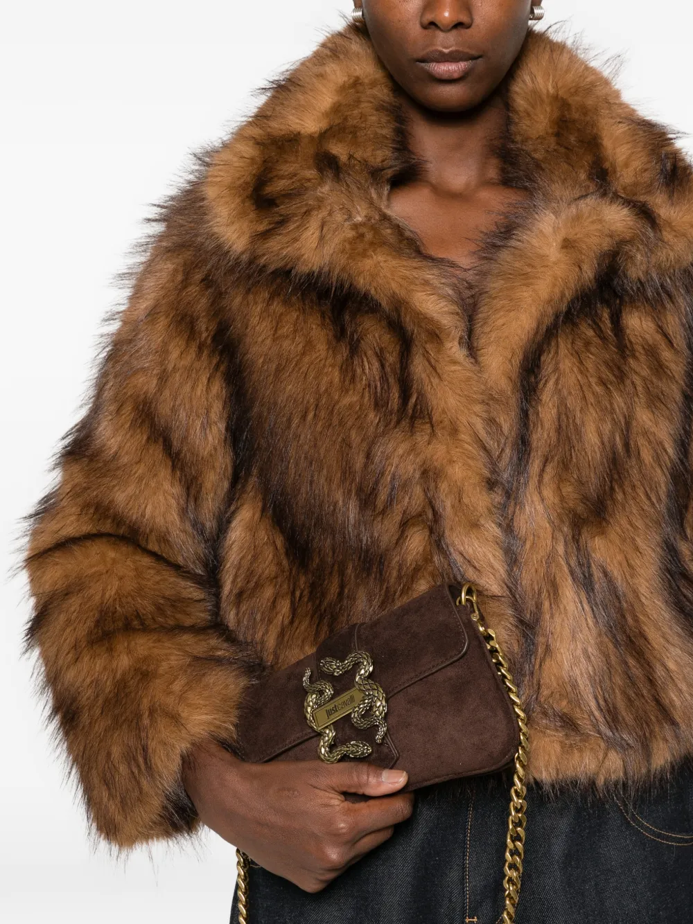 Just Cavalli snake-plaque suede clutch Bruin