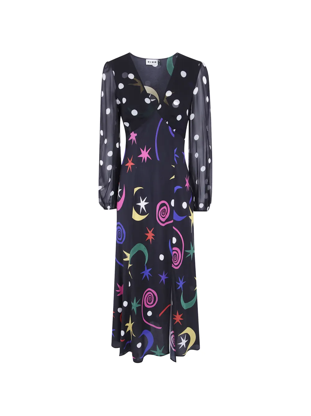 Rixo robe mi-longue en soie à imprimé céleste - Noir Rixo robe mi-longue en soie à imprimé céleste - Noir