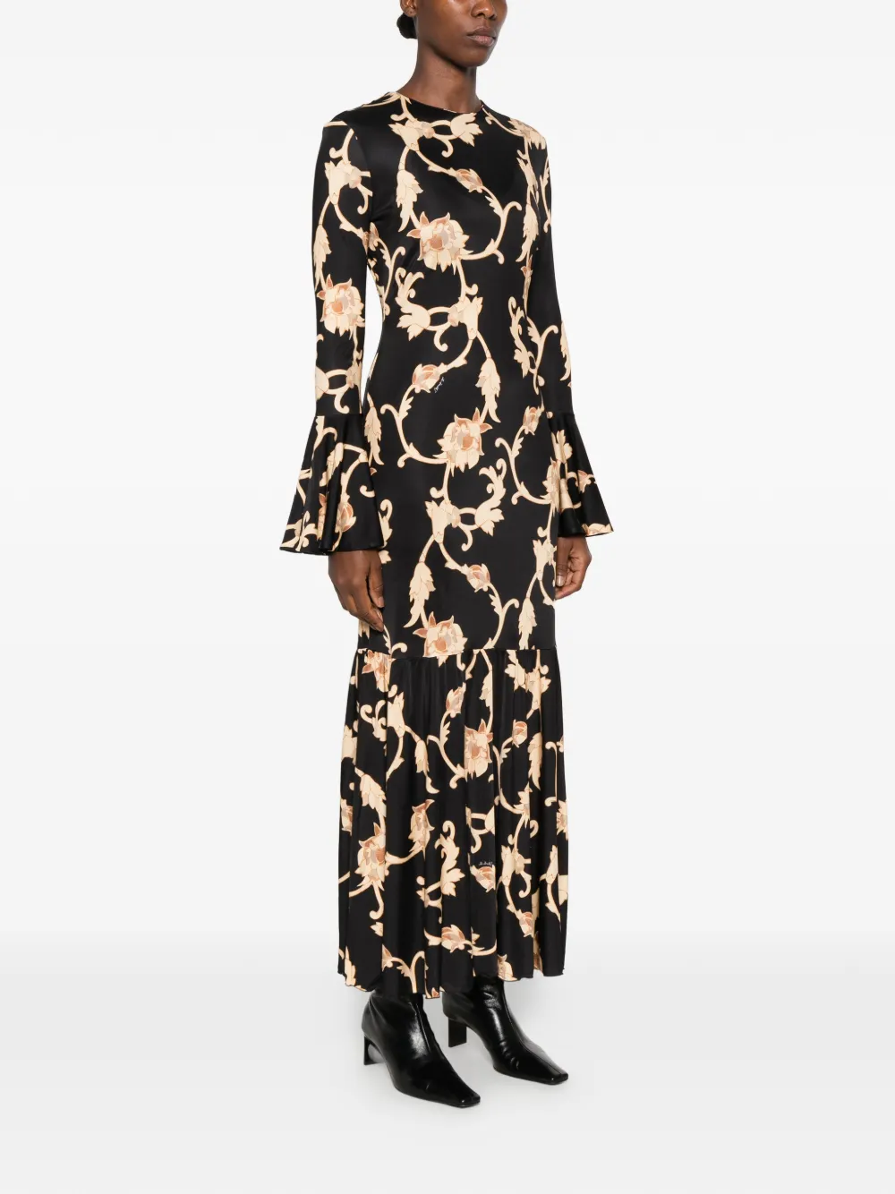 La DoubleJ Alba floral-print fluted-sleeve dress Zwart