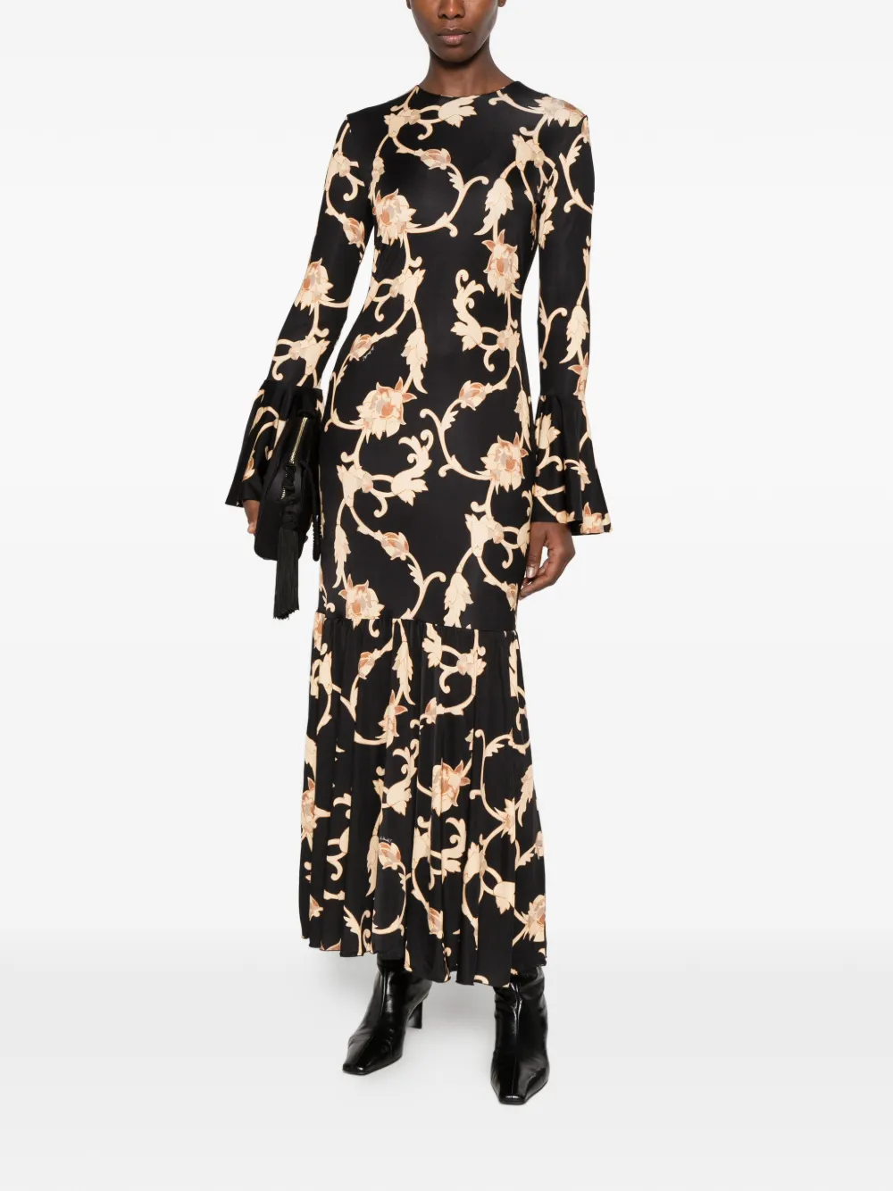 La DoubleJ Alba floral-print fluted-sleeve dress Zwart