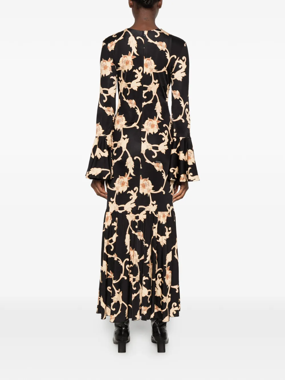 La DoubleJ Alba floral-print fluted-sleeve dress Zwart