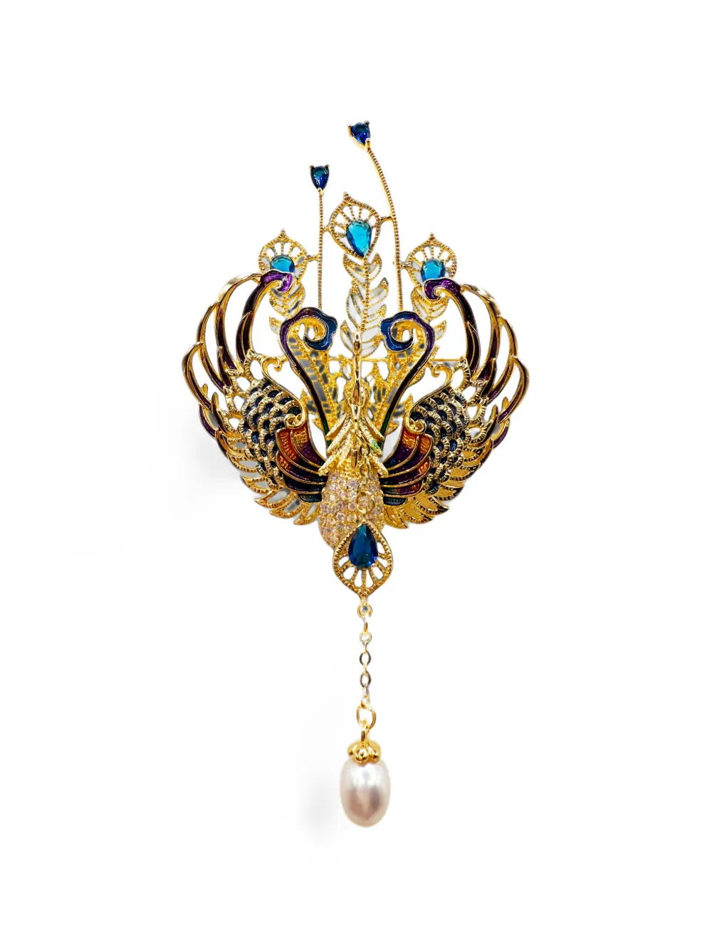 HZMER JEWELLERY Maharani Peacock pearl brooch - Or