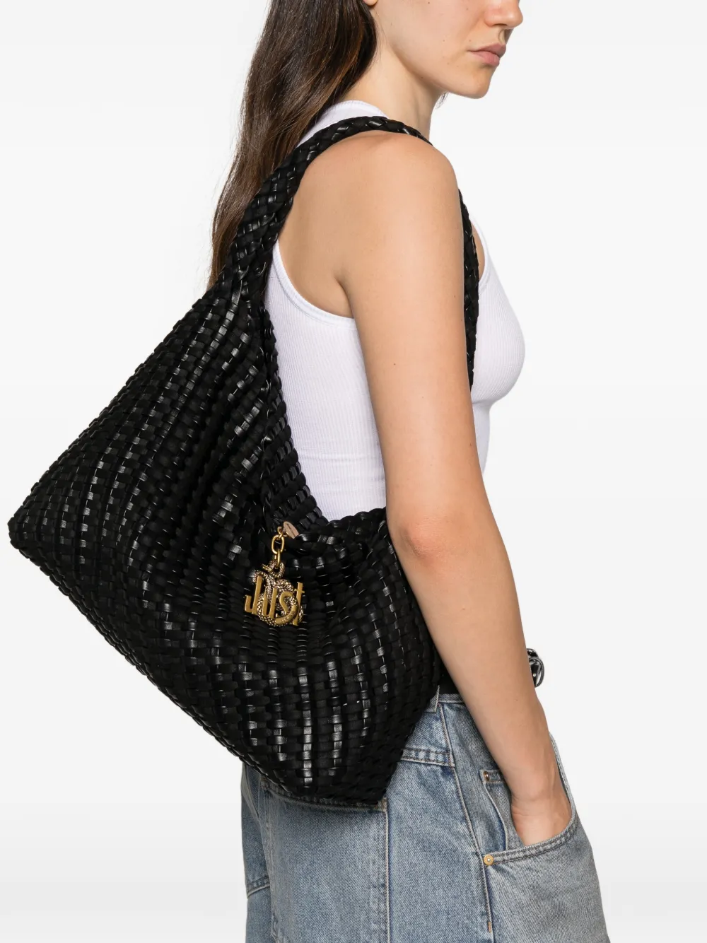 Just Cavalli woven logo-charm shoulder bag Zwart