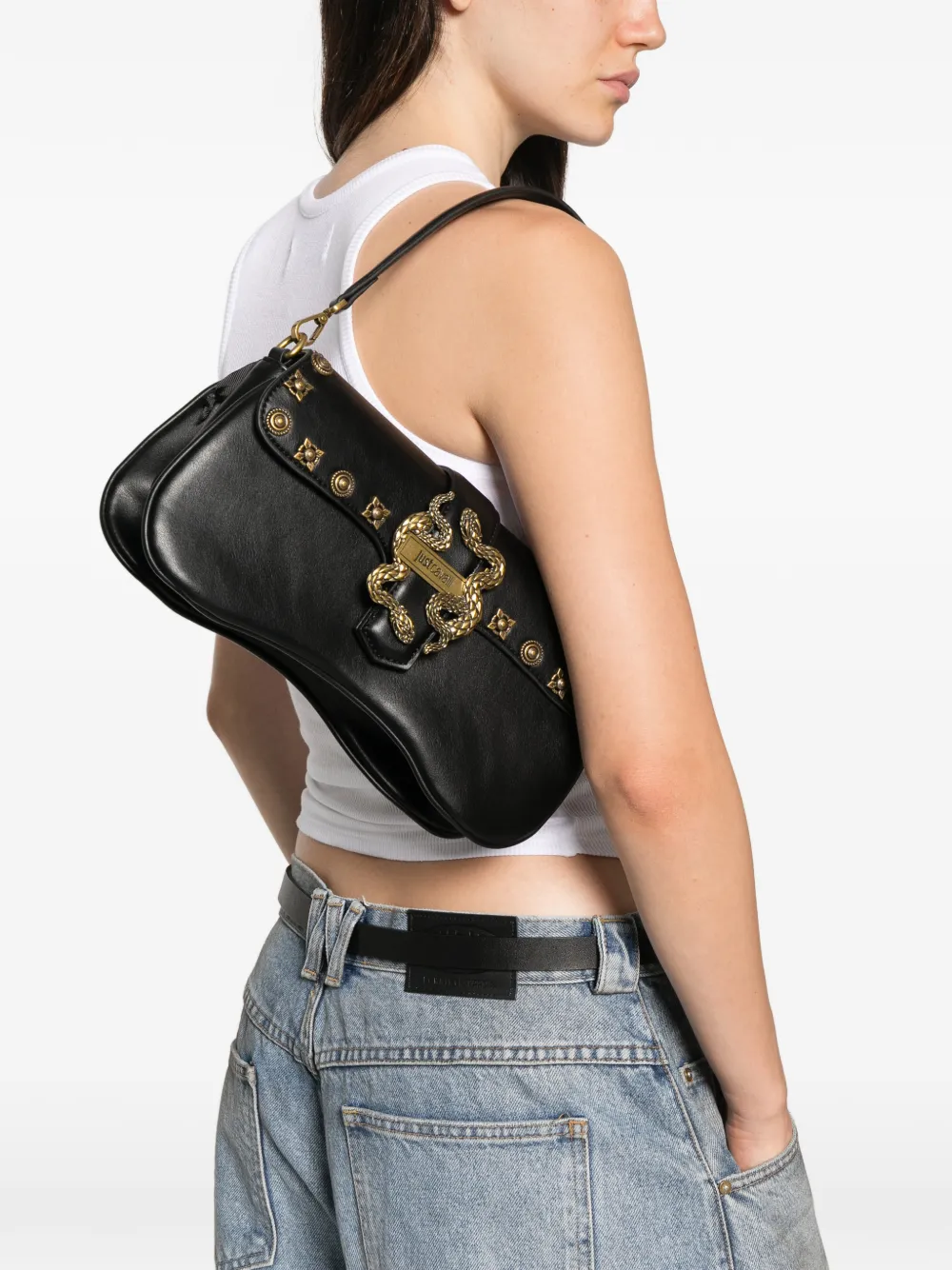 Just Cavalli snake-plaque studded shoulder bag Zwart