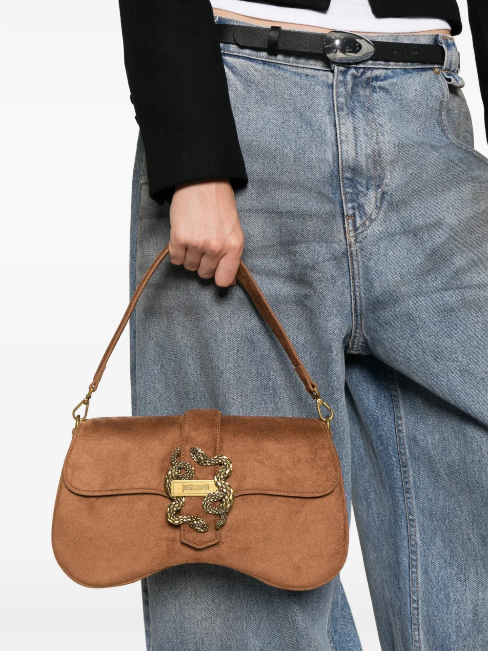 Just Cavalli snake-plaque shoulder bag Bruin