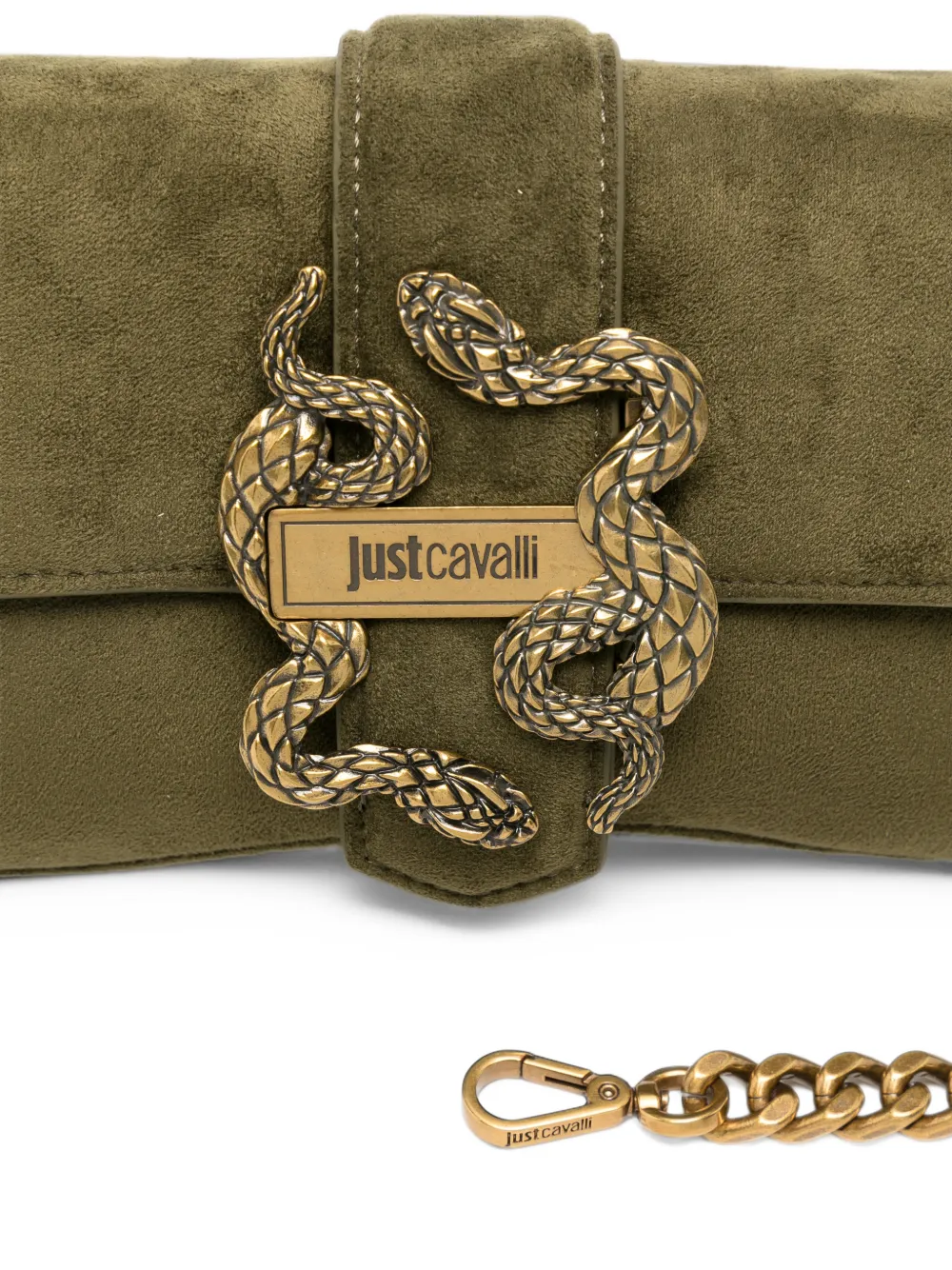 Just Cavalli snake-plaque suede clutch bag Groen