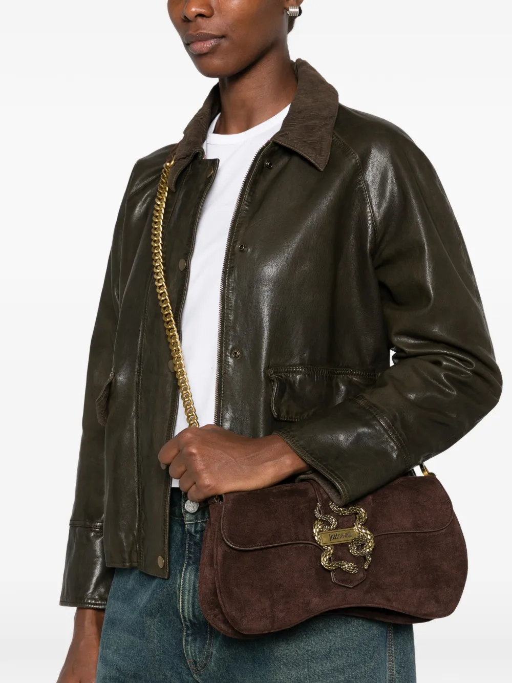 Just Cavalli snake-plaque shoulder bag - Brown