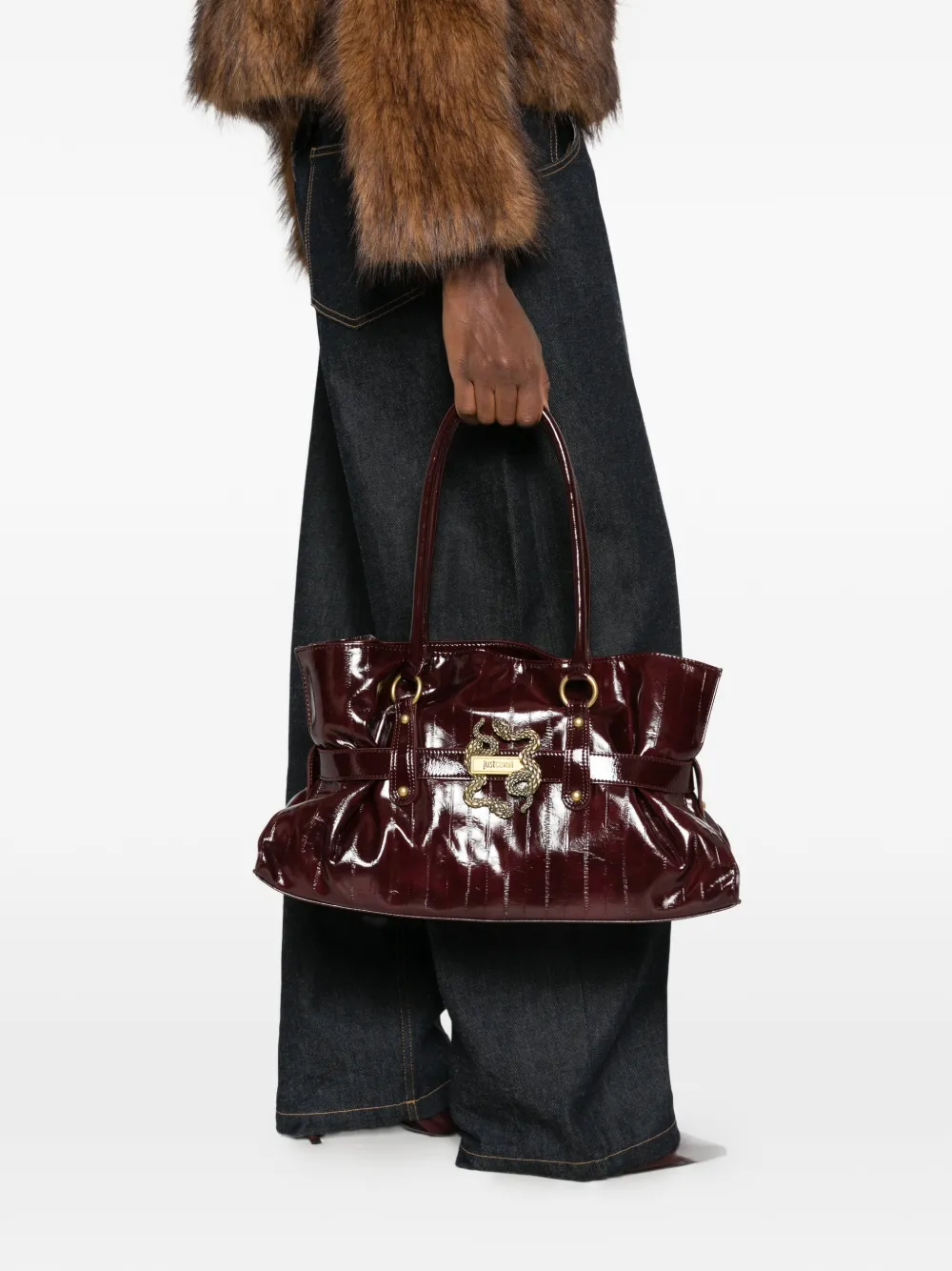 Just Cavalli snake-plaque patent-finish shoulder bag Rood