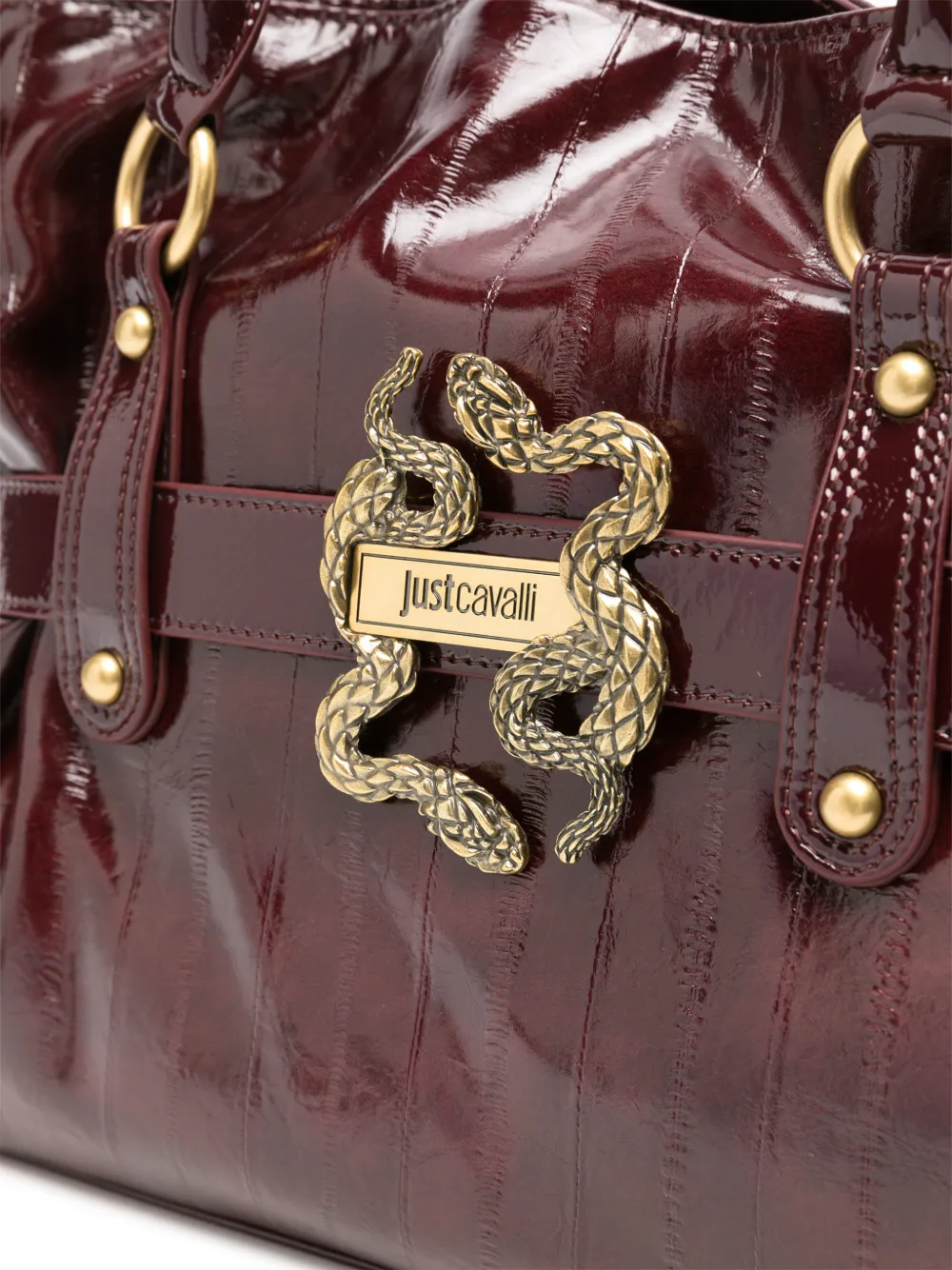 Just Cavalli snake-plaque patent-finish shoulder bag Rood