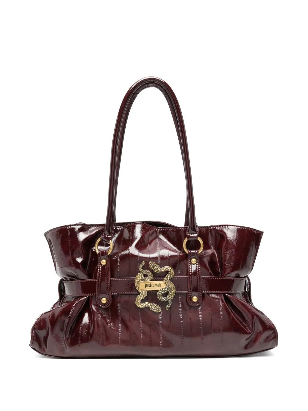 Just Cavalli snake-plaque patent-finish shoulder bag - Rosso