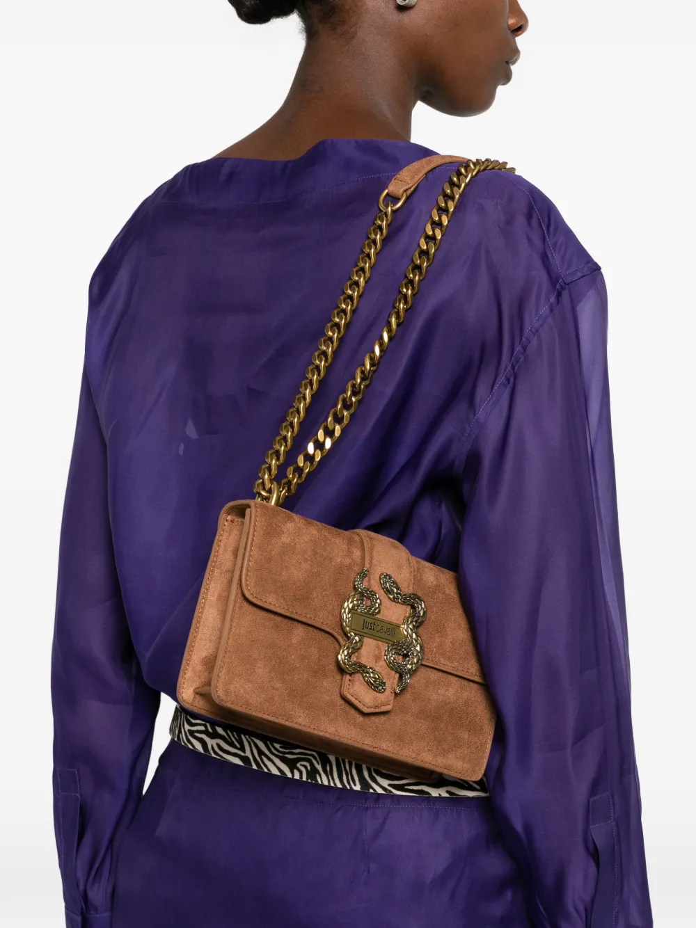 Just Cavalli snake-plaque suede shoulder bag - Marrone