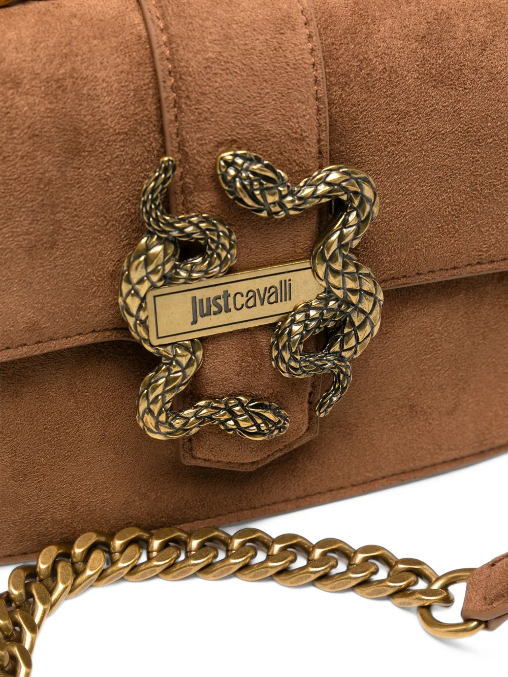 Just Cavalli snake-plaque suede shoulder bag Bruin
