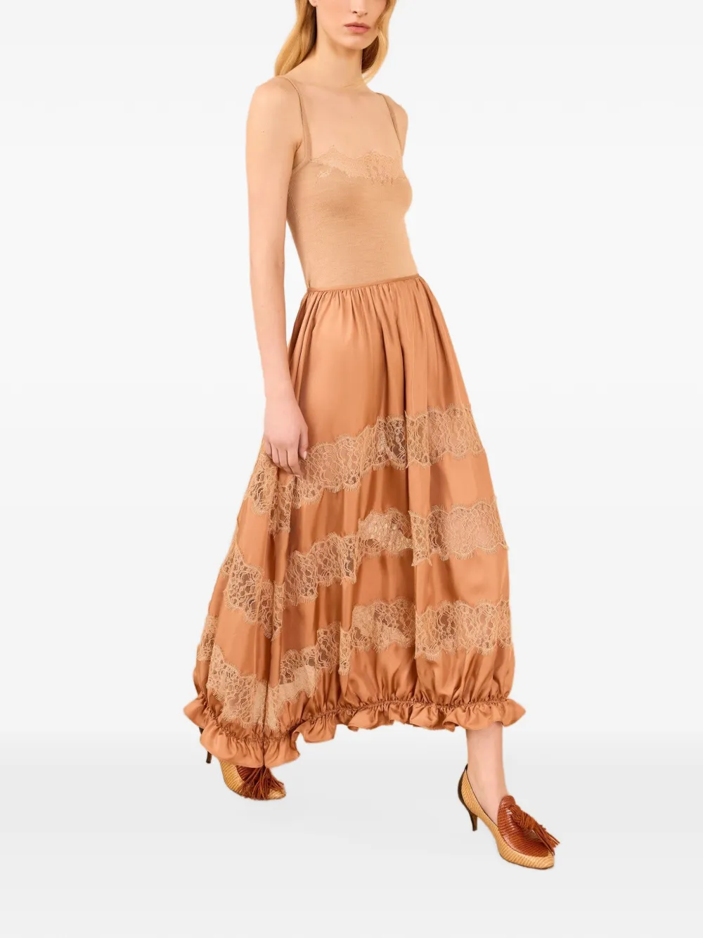 Ulla Johnson Chantal midi-rok met kanten afwerking en ruches Beige