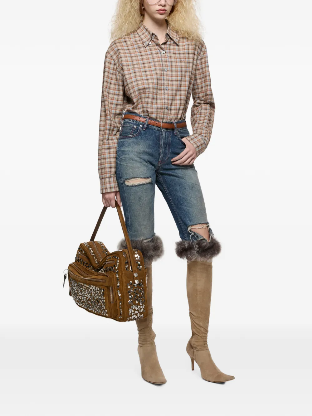 Acne Studios Geruite katoenen linnen blouse Beige
