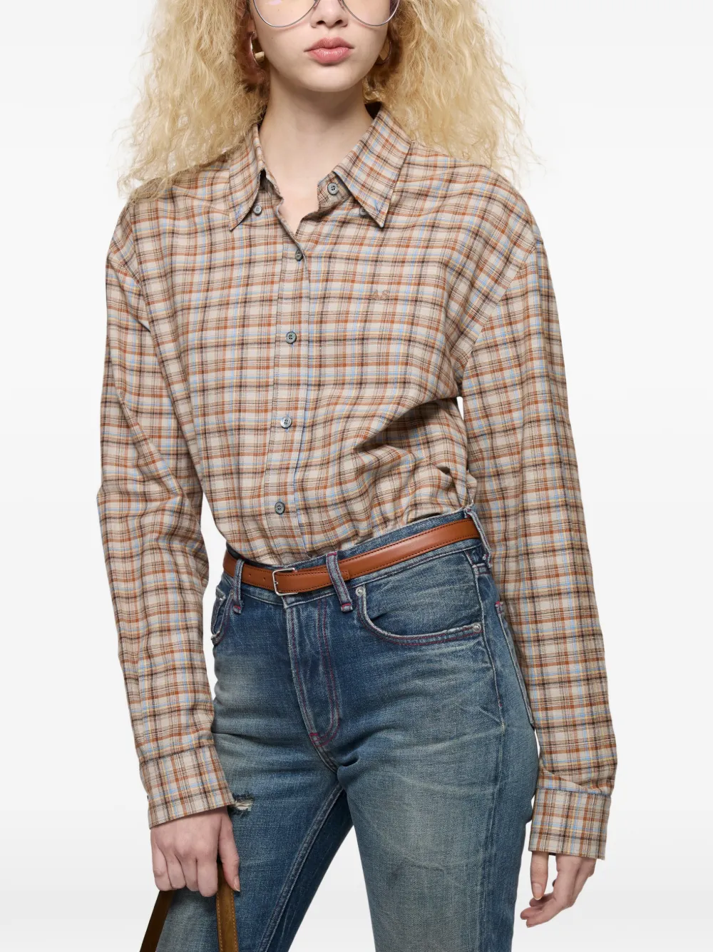 Acne Studios Geruite katoenen linnen blouse Beige