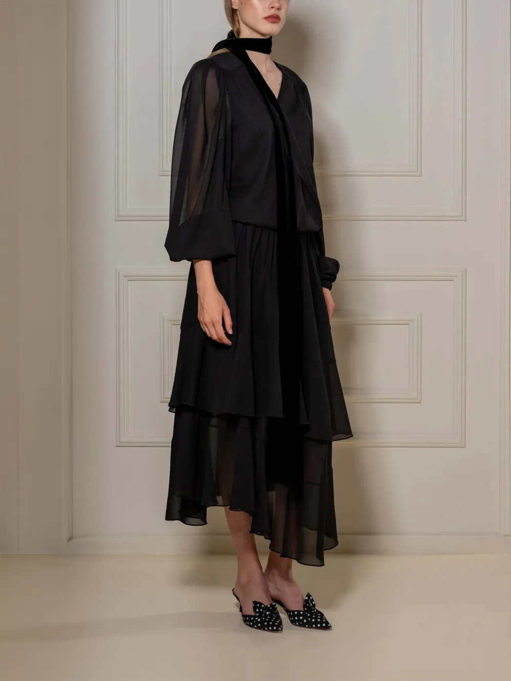STYLAND ruffled silk-chiffon maxi skirt Zwart