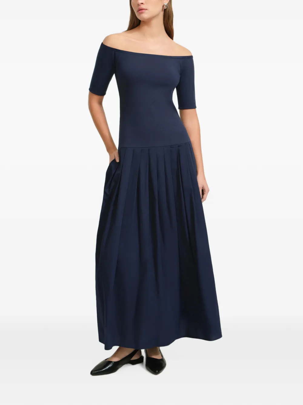 Marcella Mila geplooide off-shoulder maxi-jurk Blauw