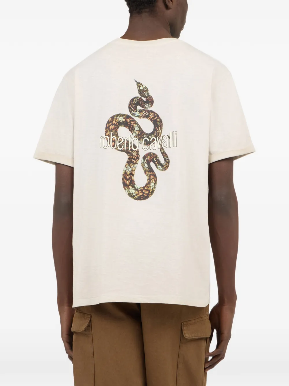 Roberto Cavalli T-shirt met slangenprint Beige