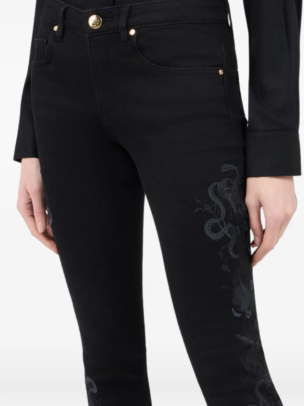 Roberto Cavalli Cropped jeans met geborduurde slang Zwart
