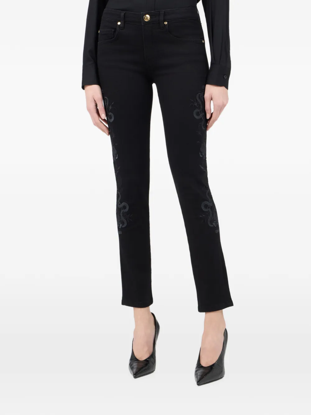 Roberto Cavalli Cropped jeans met geborduurde slang Zwart