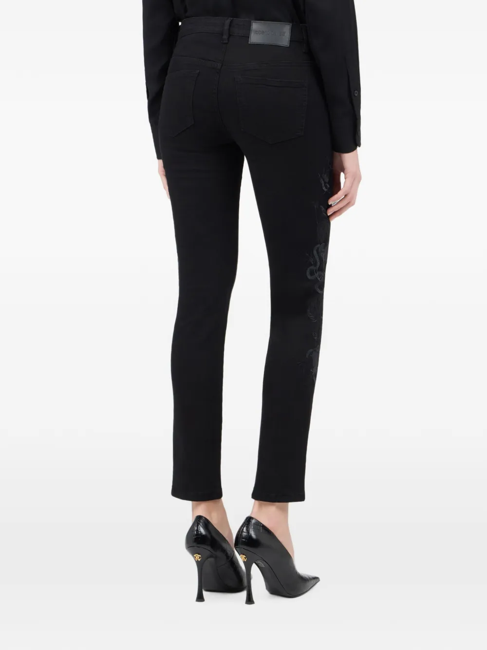 Roberto Cavalli Cropped jeans met geborduurde slang Zwart